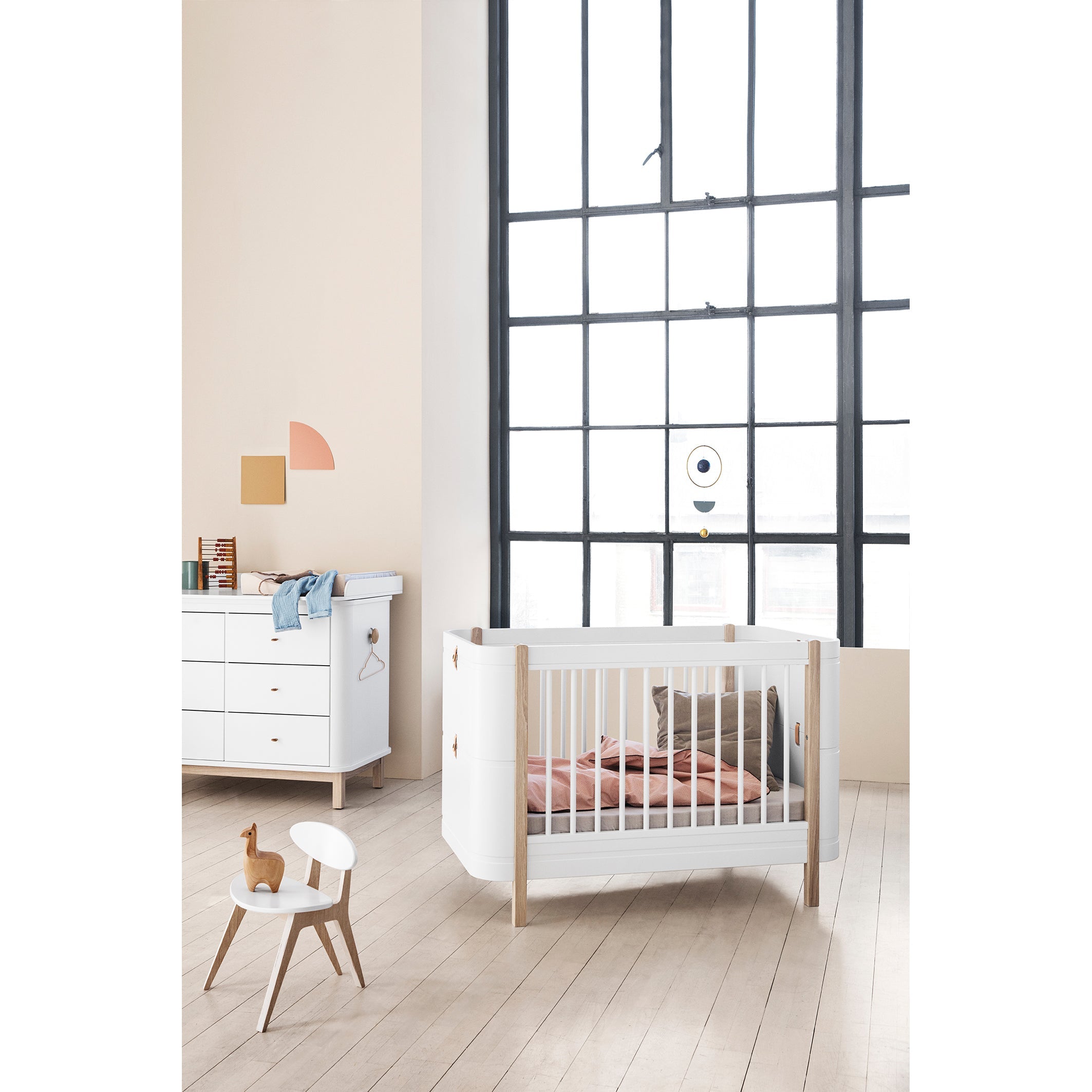 Oliver Furniture Wood Mini+ Cot Bed (Without Junior Conversion Kit) - White/Oak (Pre-Order; Est. Delivery in 6-10 Weeks)