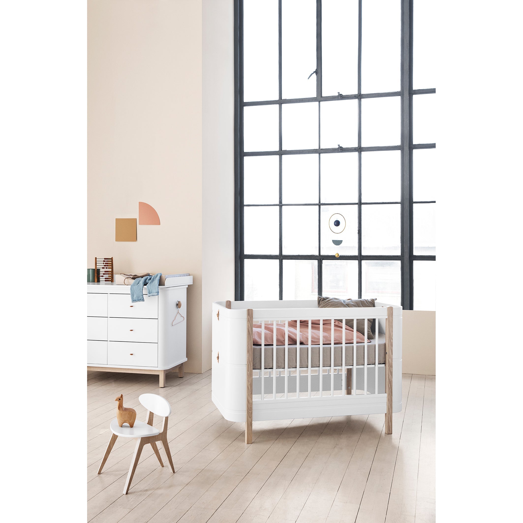 Oliver Furniture Wood Mini+ Cot Bed (Without Junior Conversion Kit) - White/Oak (Pre-Order; Est. Delivery in 6-10 Weeks)