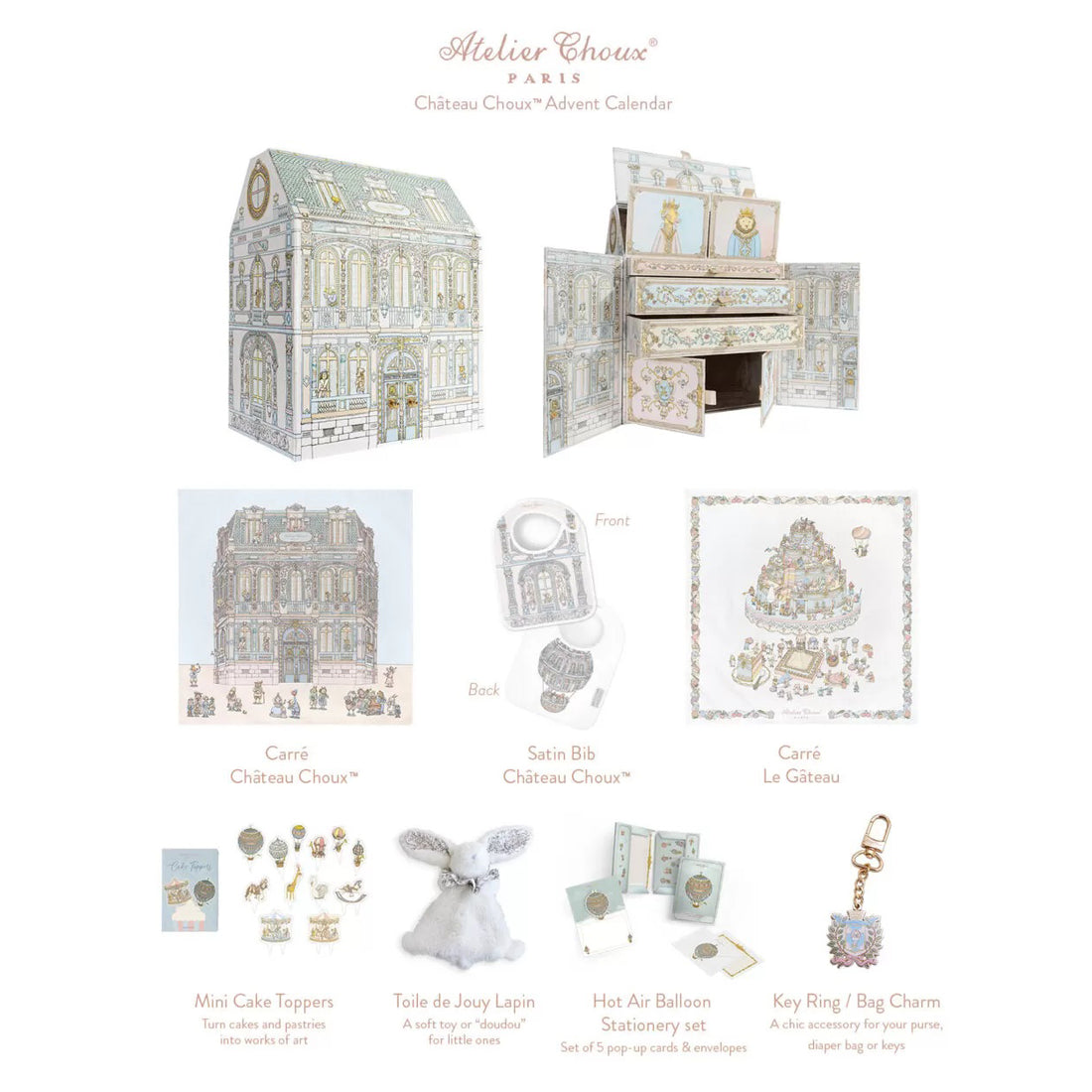 atelier-choux-advent-calendar-2-muslin-reversible-bib-toile-de-jouy-lapin-stationary-set-key-ring-cake-toppers-atel-1211134
