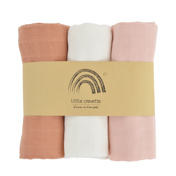 little-crevette-set-of-3-swaddles-60x60cm-coral-terracotta-ecru-lcrv-unlar