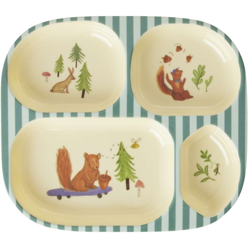 Rice DK Melamine Kids 4 Room Plate with Blue Happy Forest Print