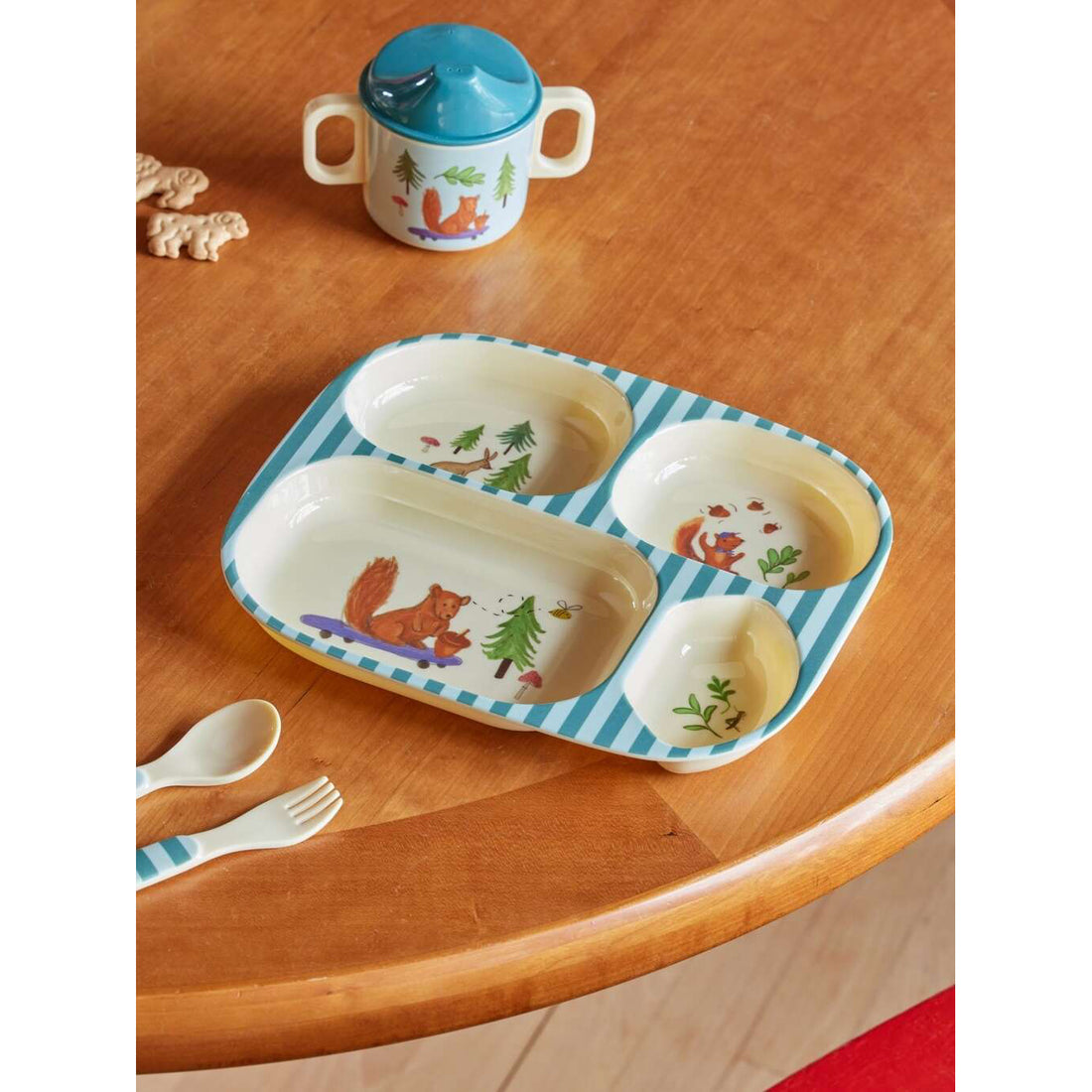 Rice DK Melamine Kids 4 Room Plate with Blue Happy Forest Print