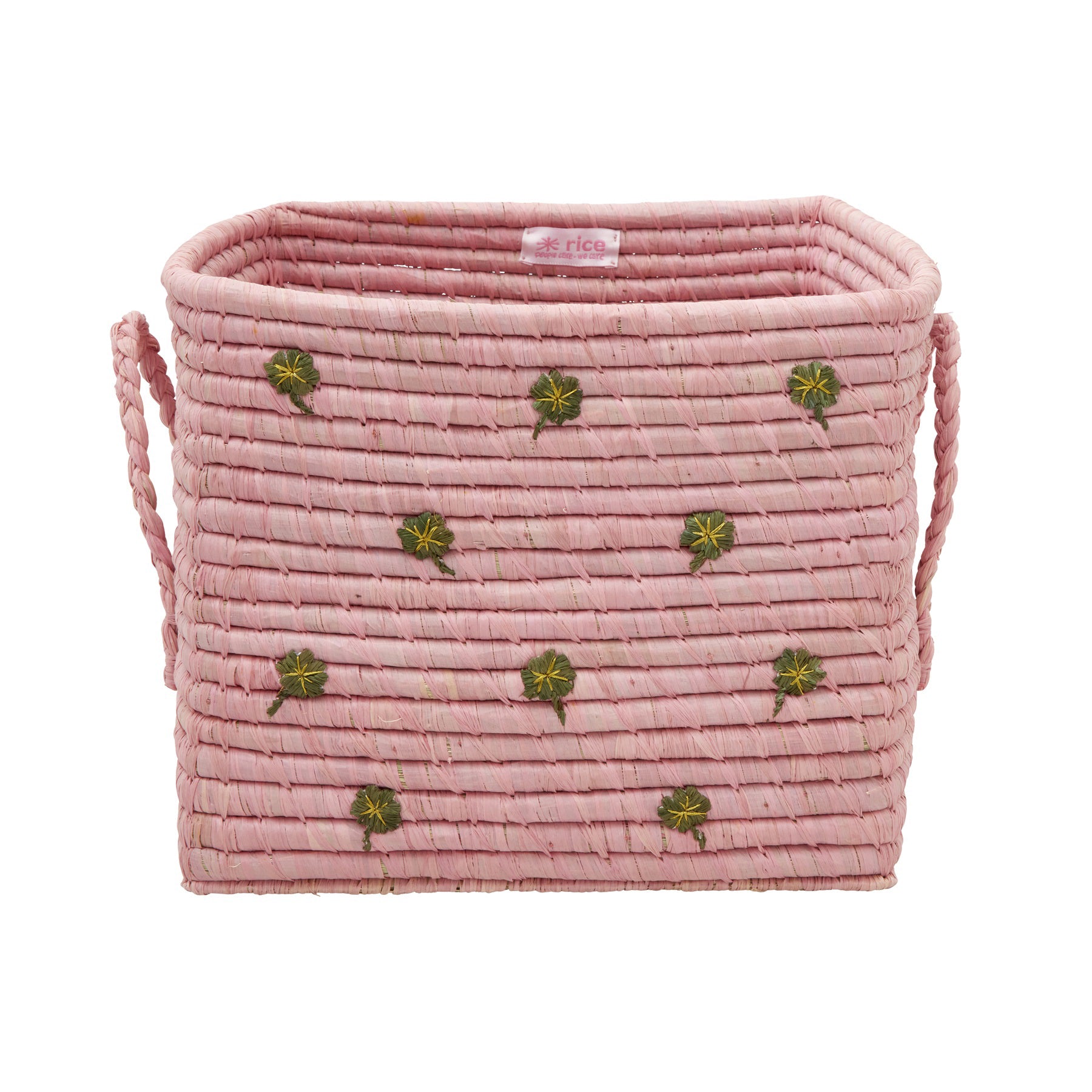 rice-dk-raffia-square-basket-with-clovers-in-pink-rice-bsrat-30clo