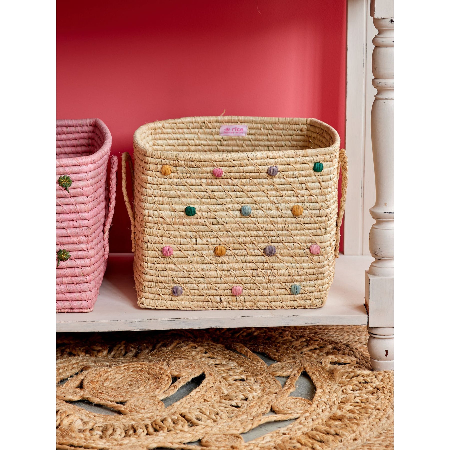 rice-dk-raffia-square-basket-with-dots-rice-bsrat-30dotss24