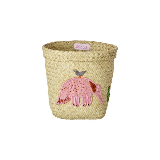 rice-dk-small-round-raffia-storage-basket-natural-ant-eater-embroidery-rice-bssto-2zalant