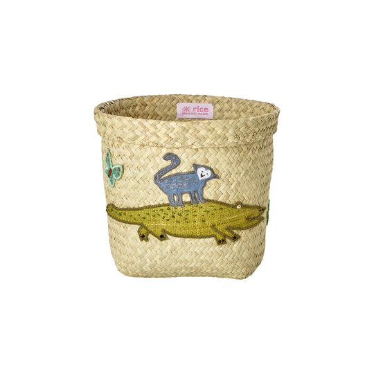 rice-dk-small-round-raffia-storage-basket-natural-crocodile-embroidery-rice-bssto-2zcecro