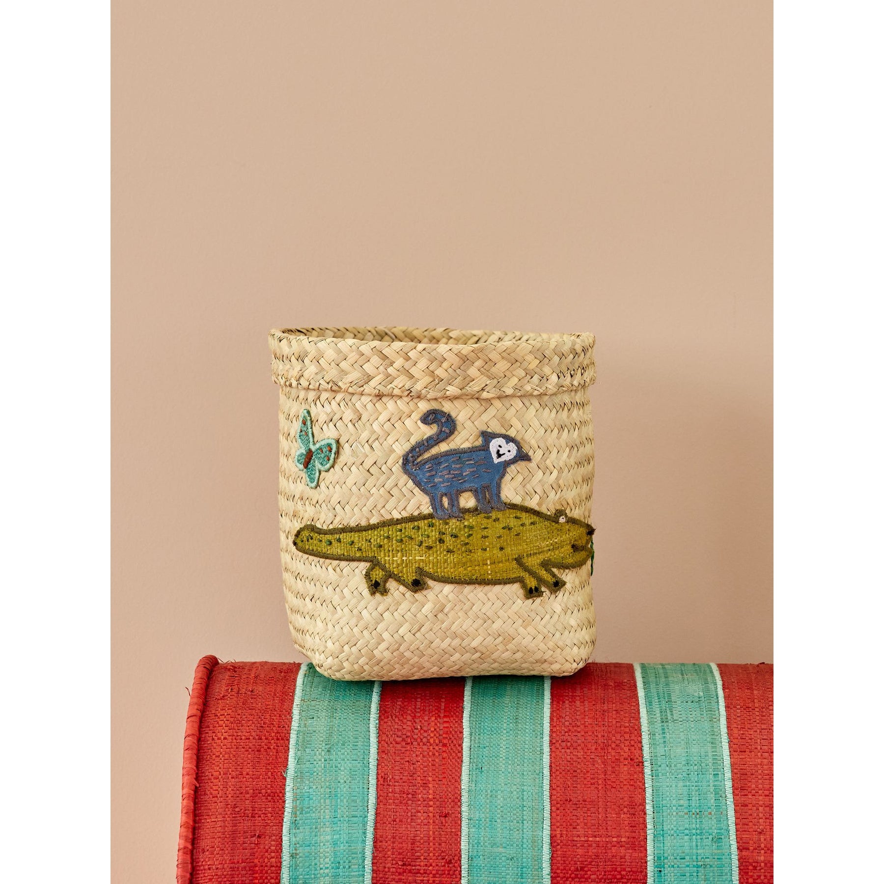 rice-dk-small-round-raffia-storage-basket-natural-crocodile-embroidery-rice-bssto-2zcecro