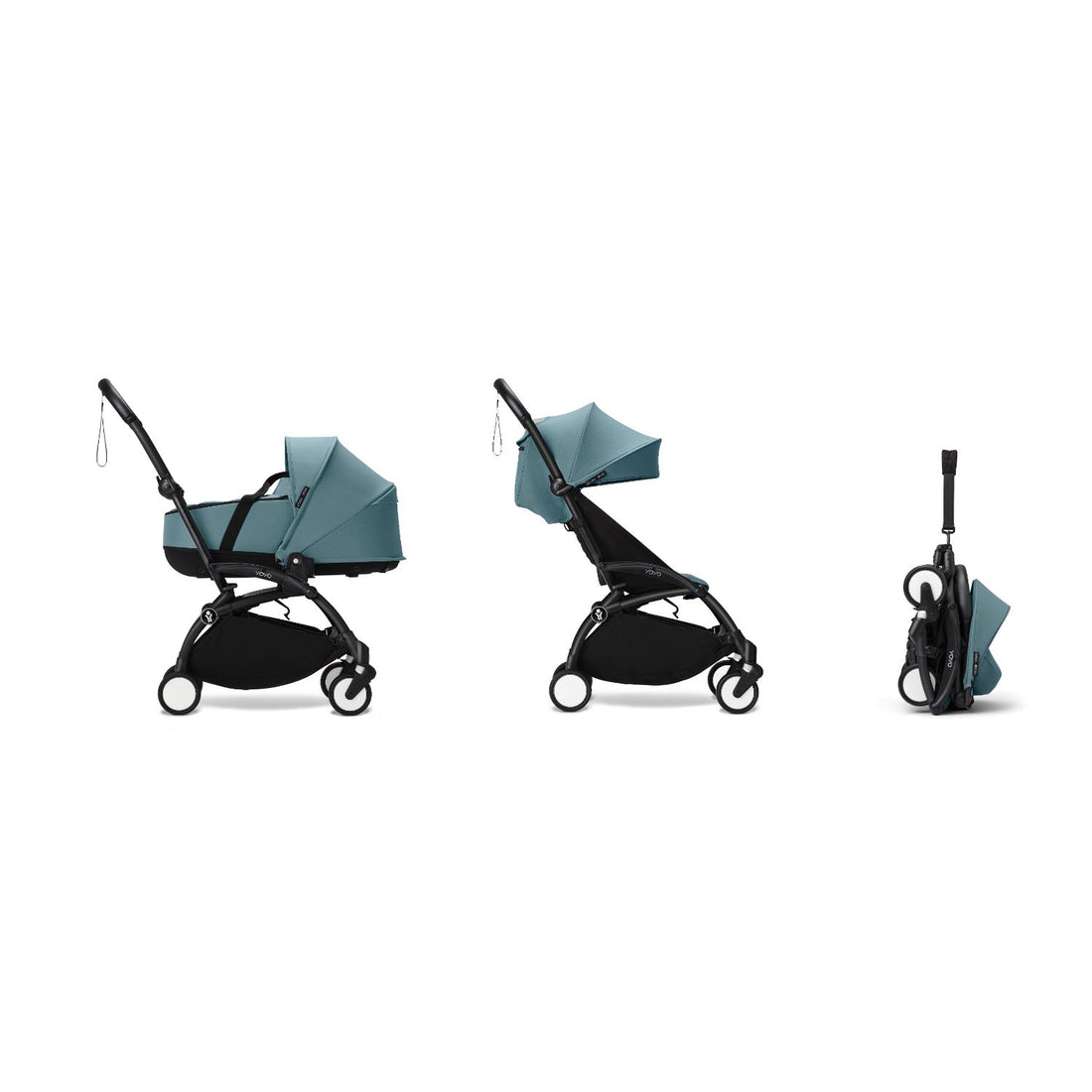 Stokke YOYO³ Newborn Shell 6+ Complete Baby Stroller Set - Black Frame with Aqua Newborn Shell & 6+ Color Pack (Pre-Order; Est. Delivery in 4-6 Weeks)