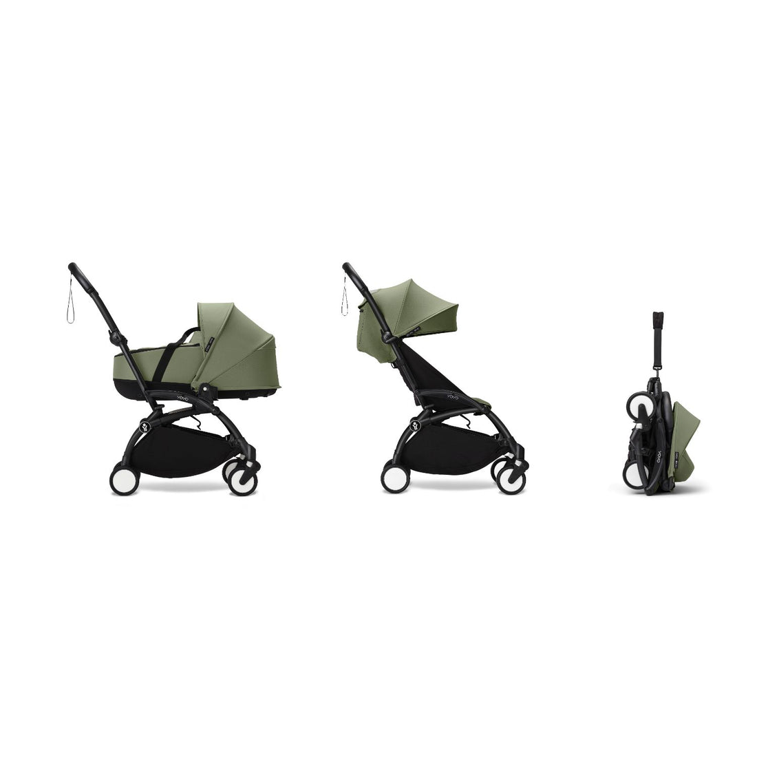 Stokke YOYO³ Newborn Shell 6+ Complete Baby Stroller Set - Black Frame with Olive Newborn Shell & 6+ Color Pack