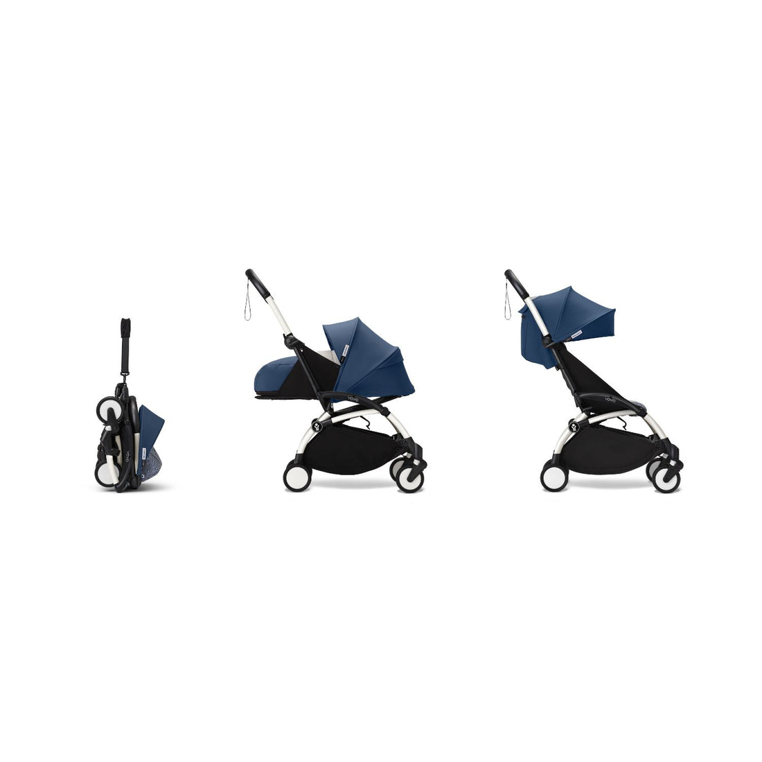Stokke YOYO³ 0+ 6+ Complete Baby Stroller Set - White Frame with Air France Blue 0+ Newborn Pack & 6+ Color Pack