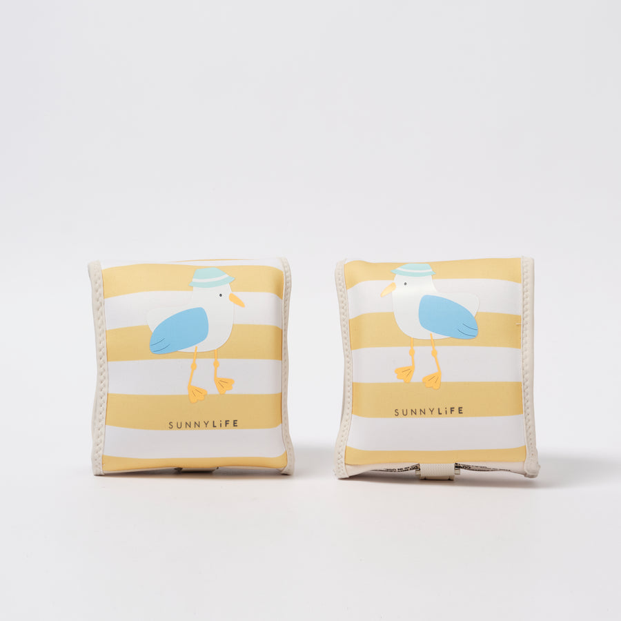 sunnylife-kids-neoprene-arm-bands-sid-the-seagull-mustard-stripe-sunl-s51nabms
