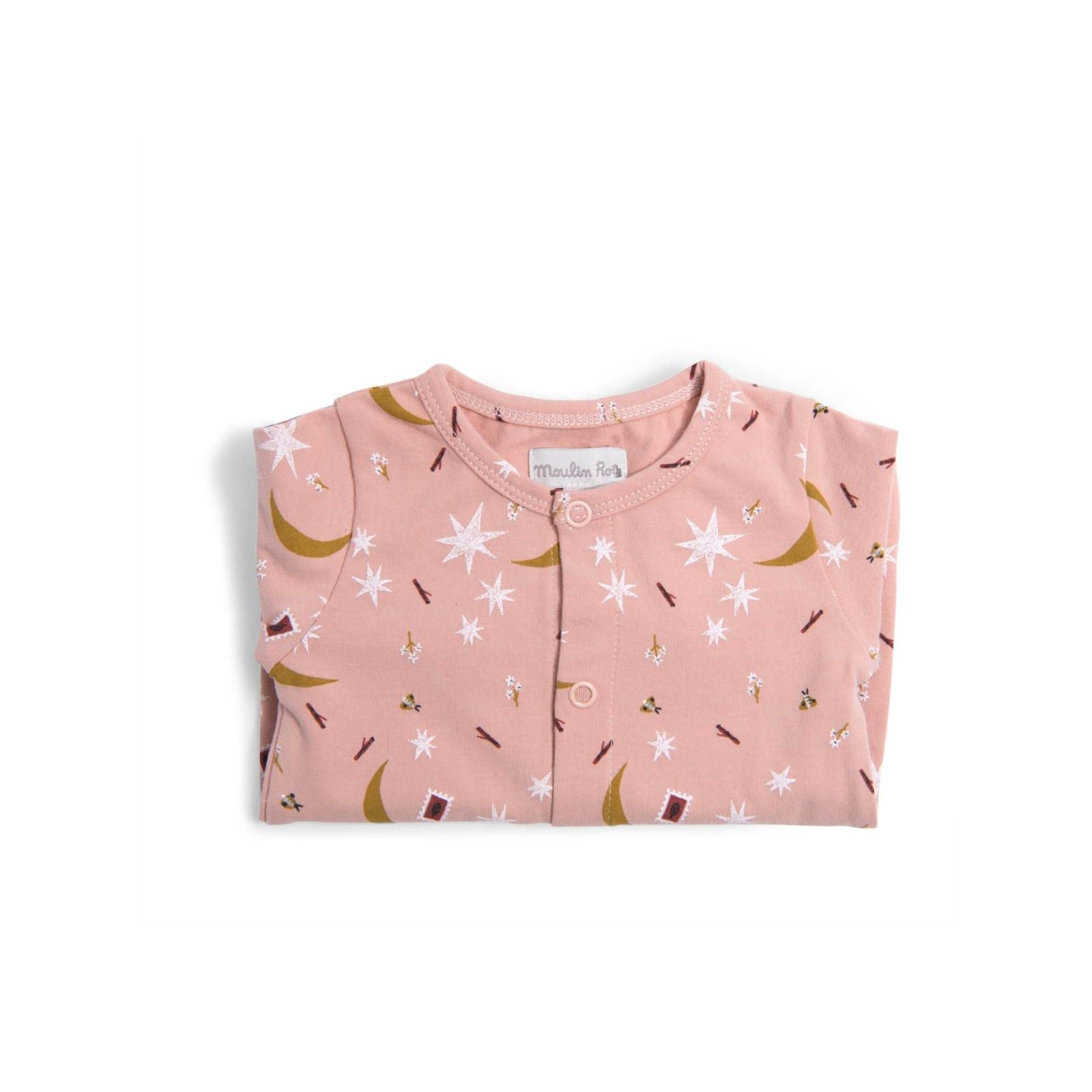 Moulin Roty Apres La Pluie Cotton Jersey Star Pattern Sleepsuit Pink