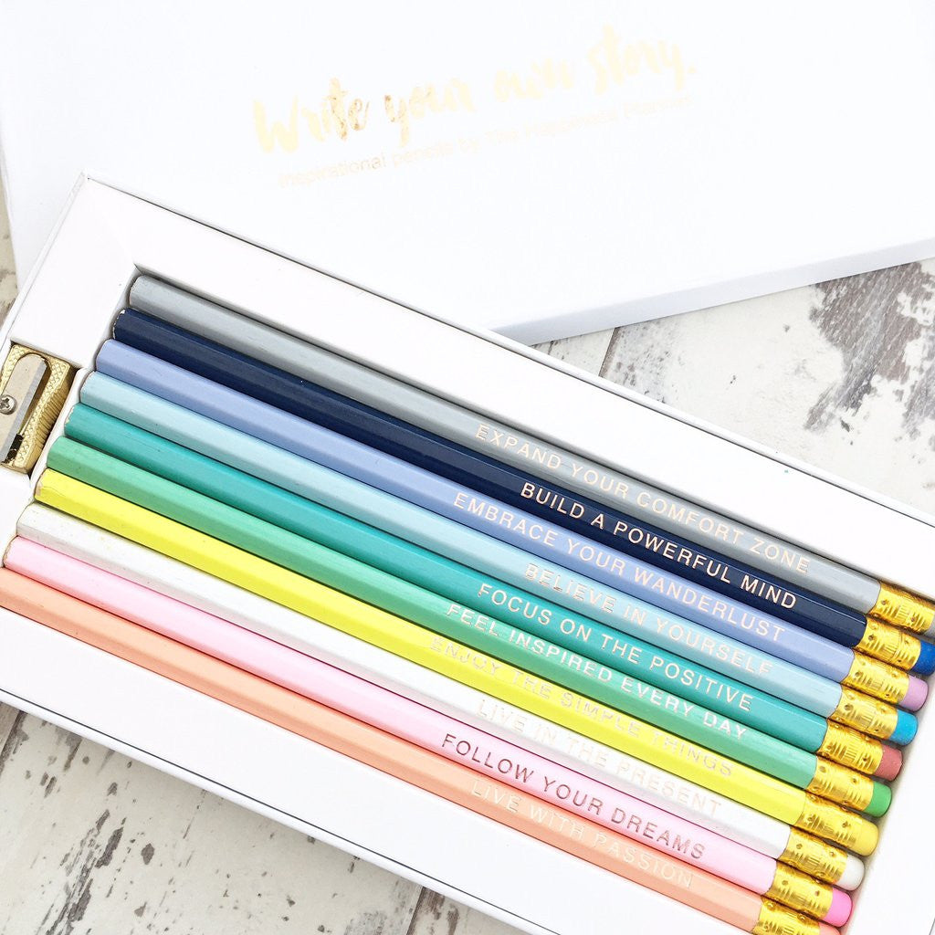The Happiness Planner Set of 10 Inspirational Pencils Gold