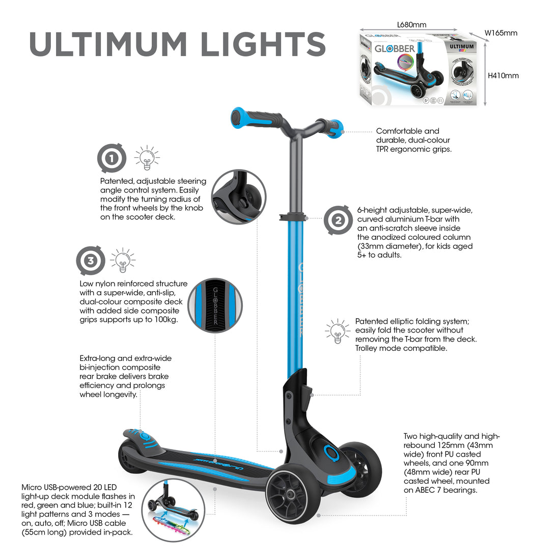 Globber Ultimum Lights Foldable Scooter - Sky Blue (5Y+)