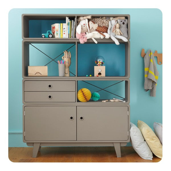 Laurette Bibliothèque Enigme Drawer & Shelf Grey Turquoise (Pre-Order; Est. Delivery in 3-4 Months)