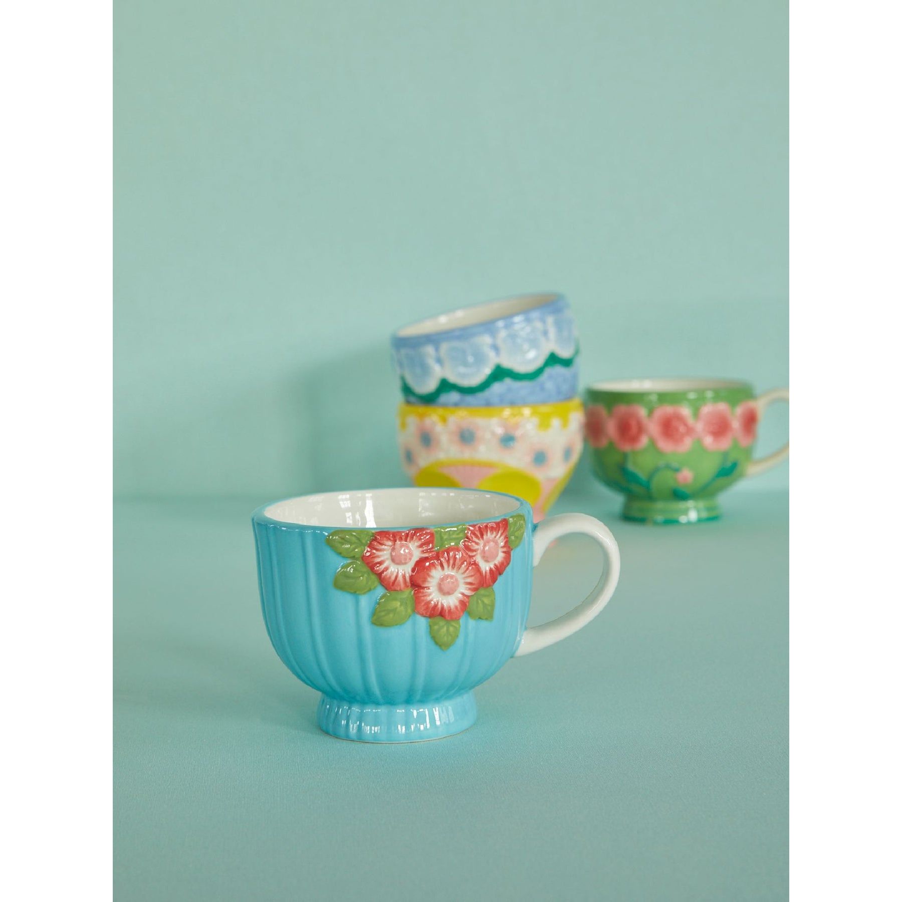 Rice DK Ceramic Mug with Embossed Flower Design - Mint