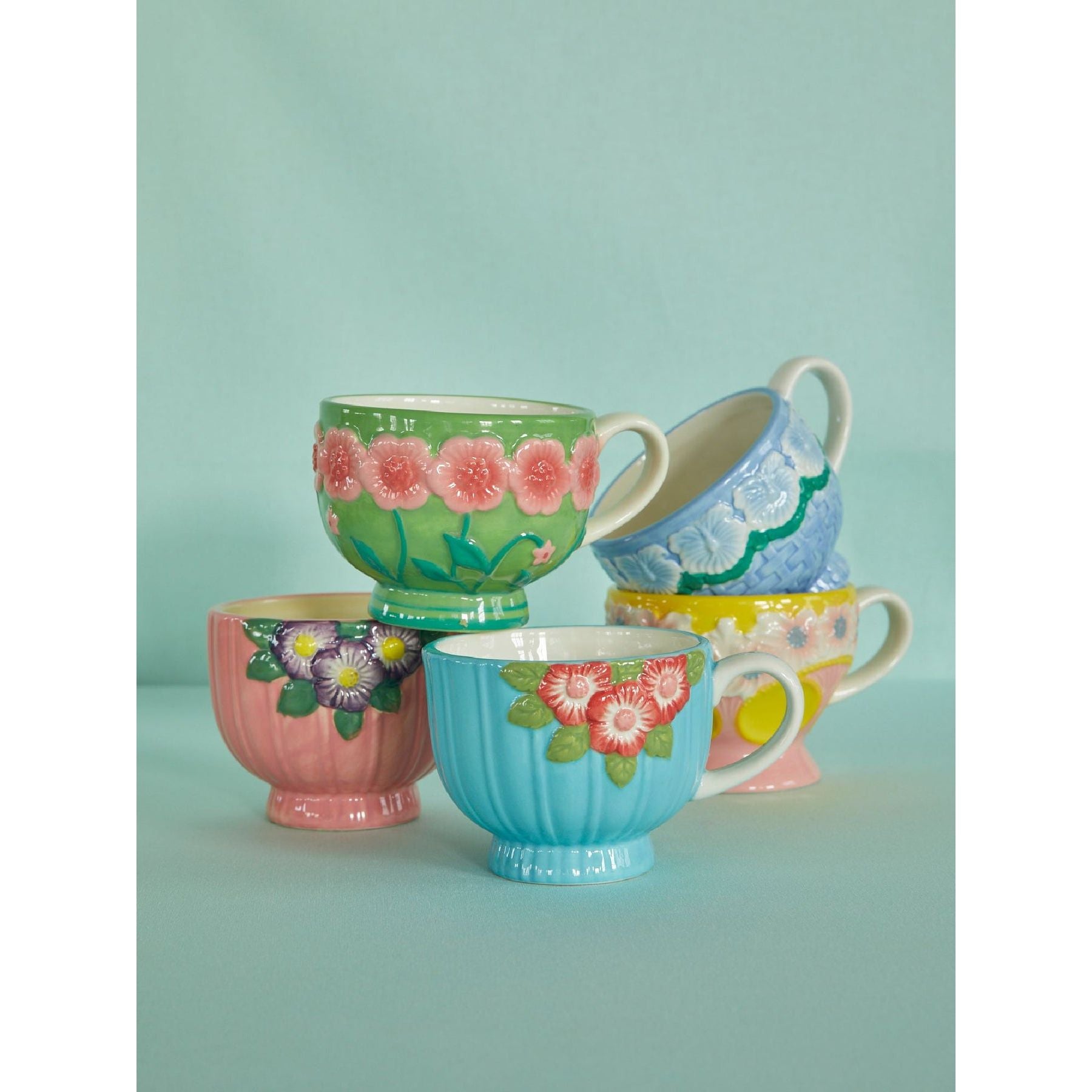 Rice DK Ceramic Mug with Embossed Flower Design - Mint