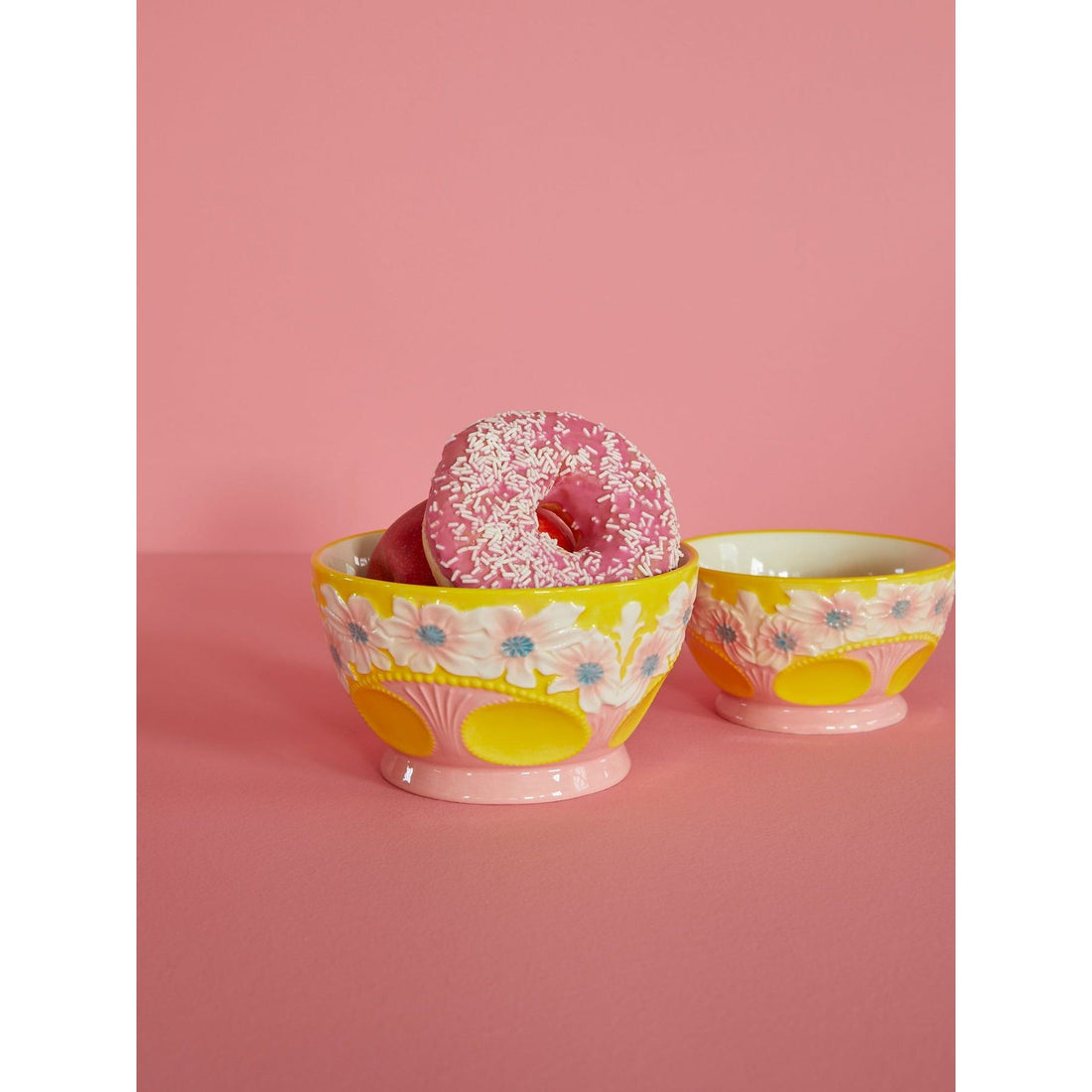Rice DK Medium Ceramic Bowl with Embossed Flower Design - Yellow