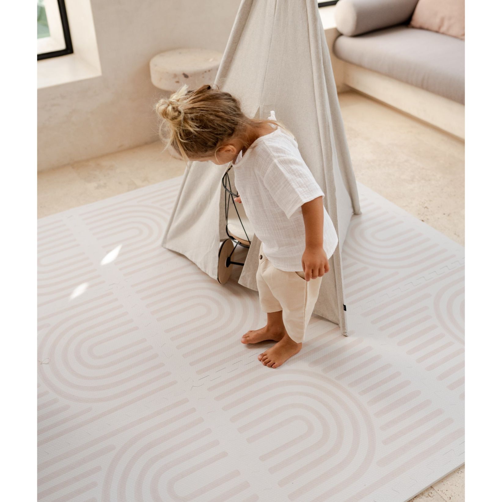 Toddlekind Prettier Puzzle Playmat Linear Linen 120x180cm - 6 Tiles & 12 Edging Borders (Dispatched in Late-Aug 2025)