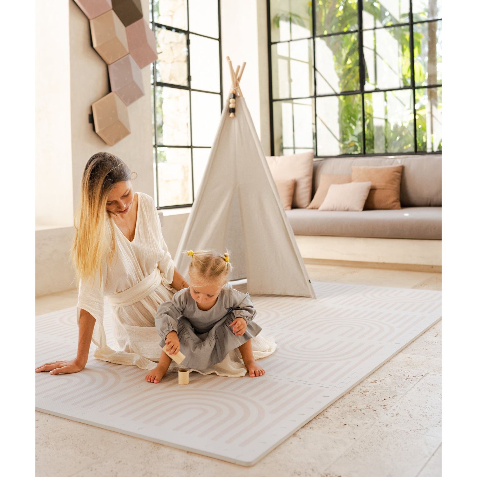Toddlekind Prettier Puzzle Playmat Linear Linen 120x180cm - 6 Tiles & 12 Edging Borders (Dispatched in Late-Aug 2025)