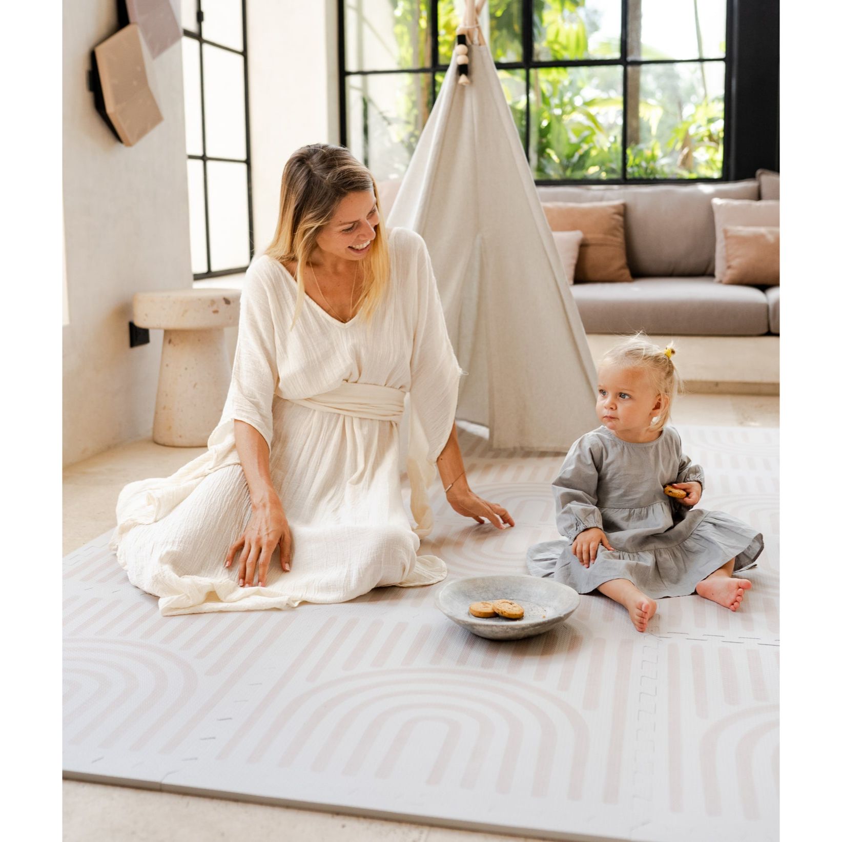 Toddlekind Prettier Puzzle Playmat Linear Linen 120x180cm - 6 Tiles & 12 Edging Borders (Dispatched in Late-Aug 2025)