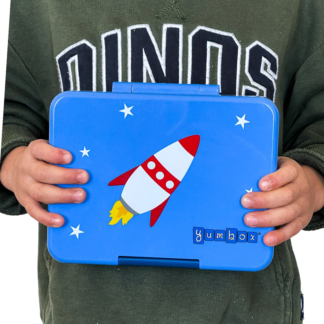 Yumbox Mini Snack 3-Compartment Lunch Box - True Blue Star Print External Cover with Rocket Tray